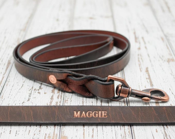 Crazy Horse Leather Dog Leash: Water Buffalo Leather, Copper Snap, Custom Pet Name
