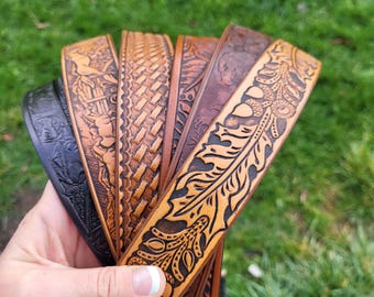 Western leren riem met reliëf - bewerkte scène volnerfleer, handgemaakte ranch rodeo-stijl
