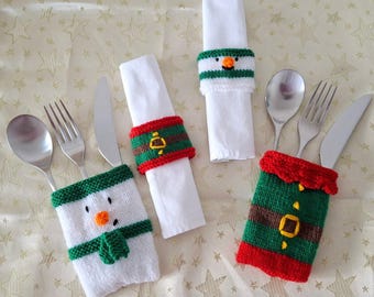 PDF Christmas Napkin holder and cutlery bags knitting pattern, , Charity Knits, Easy knits, Santa bags, Gifts to make, Christmas decor