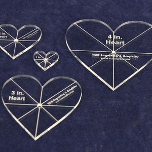 Heart Template 4 Piece Set. 1,2,3,4 Inch - Clear 1/8 Inch Thick w/ guidelines