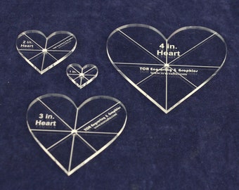 Heart Template 4 Piece Set. 1,2,3,4 Inch - Clear 1/8 Inch Thick w/ guidelines