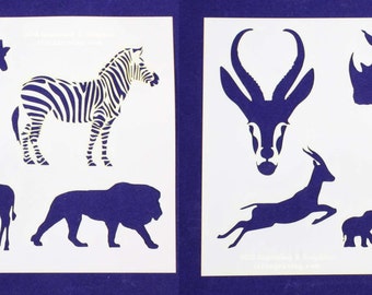 Safari Animals Stencil Set  8" x 10" - Stencil-  14 Mil Mylar - 2 pieces