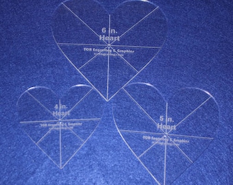 3 Piece Set Quilting Heart Template 1/8&quot;  Clear Acrylic 4&quot;, 5&quot;, 6&quot; .