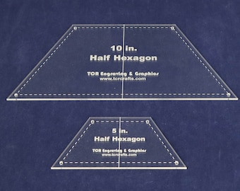 2 Piece Set Quilting Template Half Hexagons with Guideline Holes 1/8"  Clear Acrylic  5" & 10"