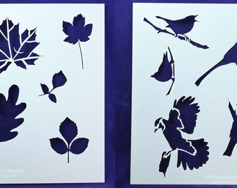 2 Piece Set Nature (Birds,Leaves)  8" x 10" - Stencil-  14 Mil Mylar