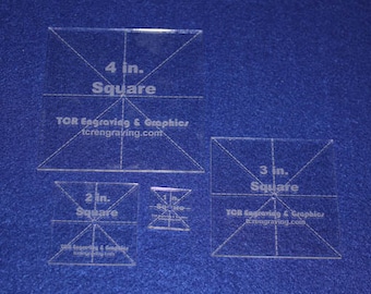 May include: Four clear acrylic squares with grid lines and measurements for quilting or crafts. The squares measure 4 inches, 3 inches, 2 inches, and 1 inch. The squares are labeled with the text "TOR Engraving & Graphics" and "tcrengraving.com".
