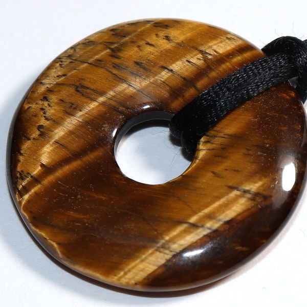 Tiger's eye (donut) on leather strap / cotton cord (necklace) --- stone size: 29 mm / 1.14 inch