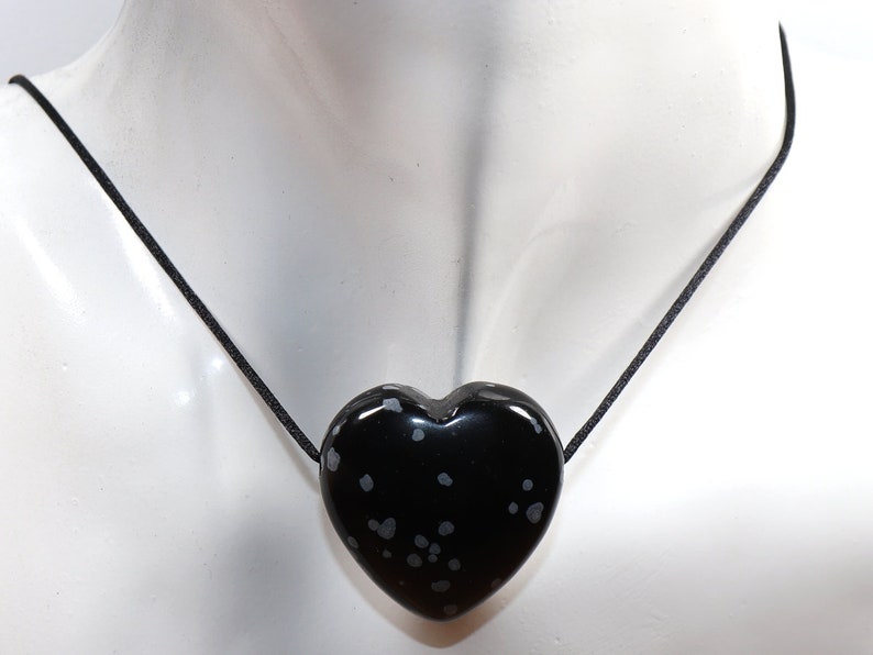 SCORPIO: Snowflake obsidian heart necklace on leather strap cotton cord