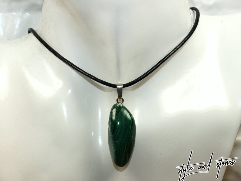 32 x 14 mm 1.26 x 0.55 inch Malachite on leather strap cotton cord necklace -- stone size