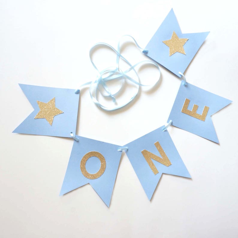 Baby Blue Gold Glitter One High Chair Banner First Birthday Etsy