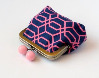 Mini Clutch, Coin Pouch, Change Purse, Clasp Coin Purse, Metal Frame Pouch, Purse Accessory, Travel Jewelry Bag, Organizer, Navy Pink
