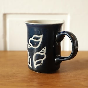 Vintage Blue Stoneware Mug with Seashells