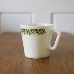 Puede incluir: Taza de color crema con un patrón floral verde alrededor del borde. La taza tiene un asa simple y curvada y está sobre una superficie de madera. El fondo es una puerta blanca.