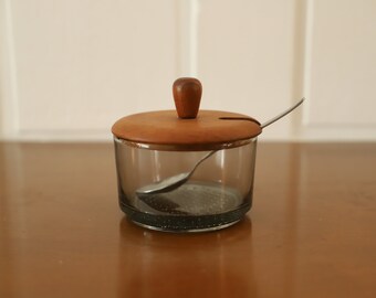 Vintage Smoked Glass Danish Sugar Dish with Wood Top and Stainless Steel Spoon