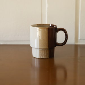 Vintage Brown Tan and White Striped Mug with Ridged Bottom | 70s Stackable Tri Color Modern Mug
