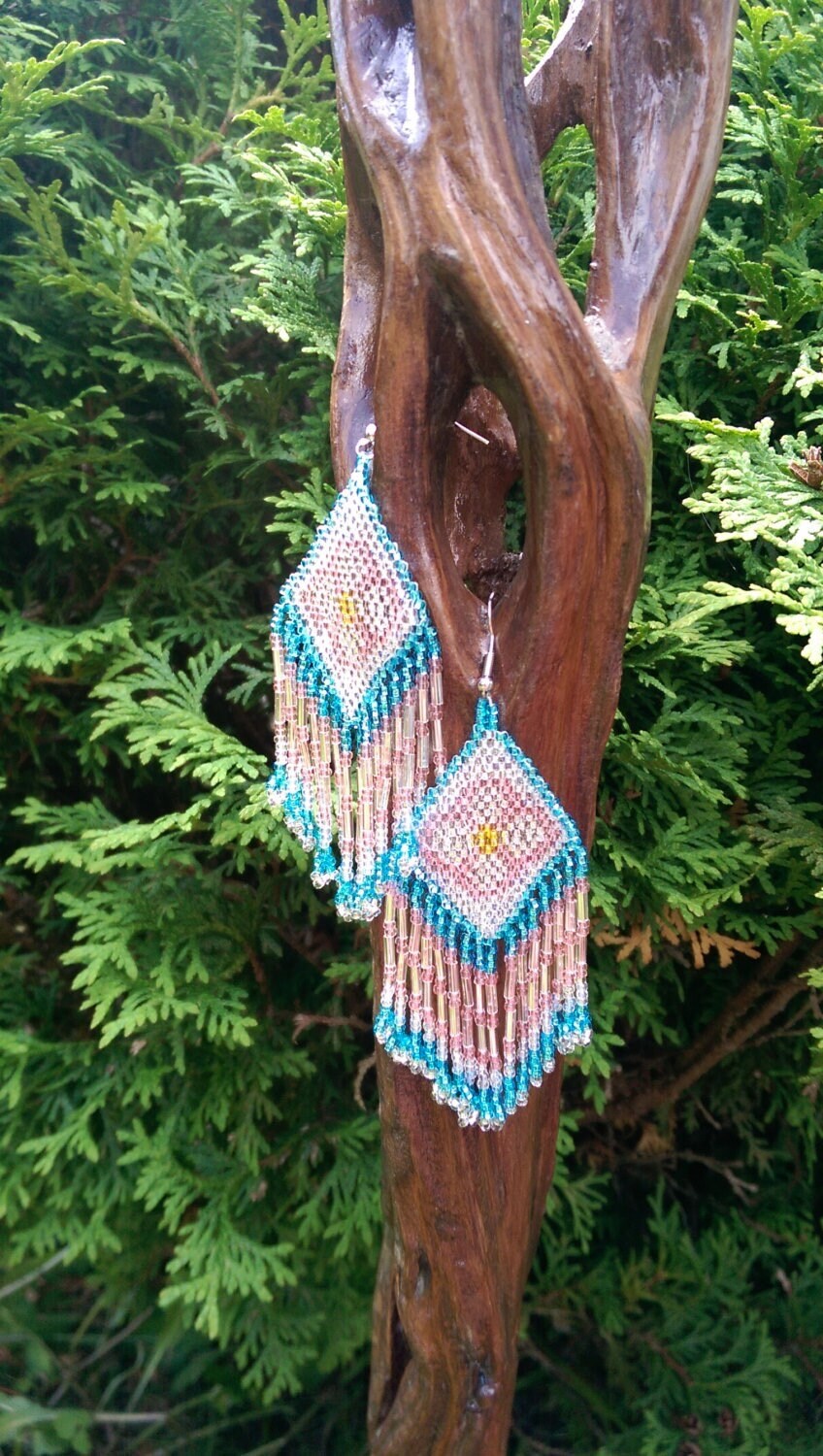 Hand Beaded Pink, Blue, White, Yellow Earrings