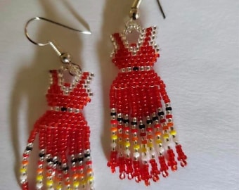 Hand Beaded Red Dress Earrings