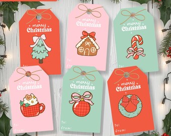 Etiquetas de regalo imprimibles retro de Feliz Navidad, con temática navideña a cuadros, descarga instantánea (PDF)