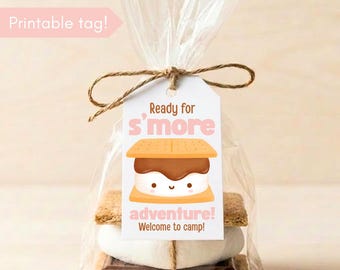 Etiqueta de regalo para campamento de niñas con diseño de s'mores, imprimible. Etiqueta de bienvenida al campamento.