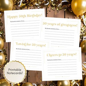 50th Birthday Printable Cards where Guests can write Memories, 50th birthday cards, 50th birthday party, 50th birthday activity, gold decor