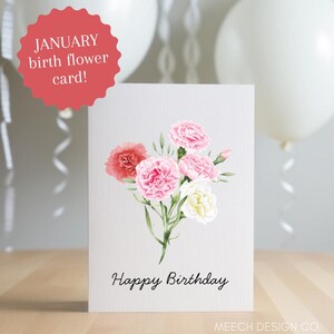 Cartão de aniversário com flores de janeiro, cartão de aniversário para impressão, cartão de aniversário com flores, cartão de cravo, cartão de aniversário floral, aniversário de janeiro