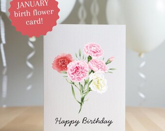 January Birth Flower Card: Carnation Floral Birthday (PDF Downloadable Card Template 5x7in )