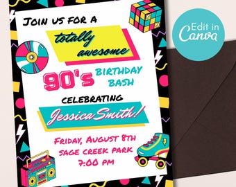 Editable 90s Birthday Party Flyer: Retro Theme (PDF)