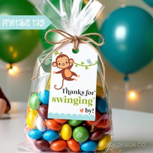 May include: A printable party favor tag featuring a cartoon monkey swinging from a vine with the text "Thanks for swinging by!"  The tag is attached to a clear cellophane bag filled with colorful candy.