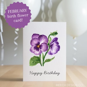 Cartão de aniversário com flores de fevereiro, cartão de aniversário para impressão, cartão de aniversário com flores, cartão violeta, cartão de aniversário floral, aniversário de fevereiro
