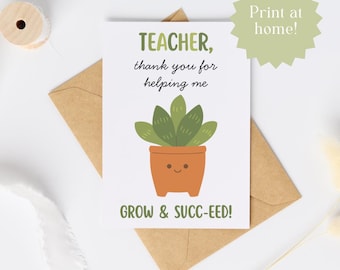 Thank You Teacher Card: Succulent Plant, End of Year Gift (PDF)