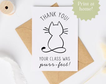 Cat Thank You Card for Teacher/Professor: Purr-fect Class (PDF Downloadable Card 5x7in
