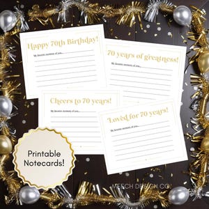 70th Birthday Printable Cards where Guests can write Memories, 70th birthday cards, 70th birthday party, 70th birthday activity, gold decor