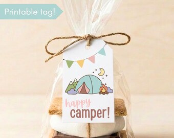 Etiqueta de regalo "Happy Camper" adorable, etiqueta para campamento de niñas, campamento juvenil, etiqueta imprimible, regalo para campamento