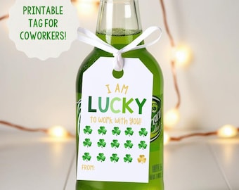 St. Patrick's Day presentetikett för kollegor, utskrivbar etikett för arbete, presentetikett för chefen, Lucky to Work With You-etikett, St. Patrick's Day, Shamrock-etikett