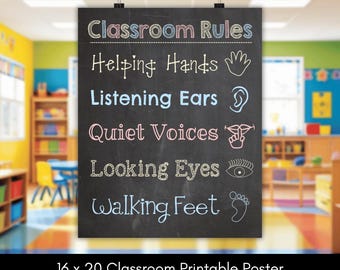 May include: Blackboard classroom rules poster with the text "Classroom Rules" in white outlined letters. The rules are: "Helping Hands", "Listening Ears", "Quiet Voices", "Looking Eyes", and "Walking Feet". Each rule has a corresponding icon drawn in white.