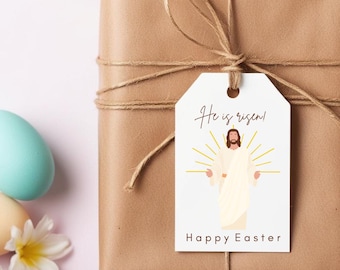 Etiqueta de regalo de Pascua "Él ha resucitado Jesucristo", etiqueta religiosa imprimible de Pascua, etiqueta de regalo de resurrección, etiqueta de regalo cristiana, etiqueta de regalo SUD para Pascua
