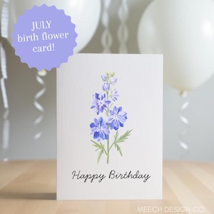 Juli Geburt Blume Geburtstagskarte, druckbare Geburtstagskarte, Geburtstagsblume Karte, Rittersporn Geburtstagskarte, Blumen Geburtstagskarte, Juli Geburtstag