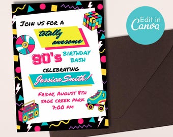 Editable 90s Birthday Party Invitation: Retro Theme (5x7, PDF)