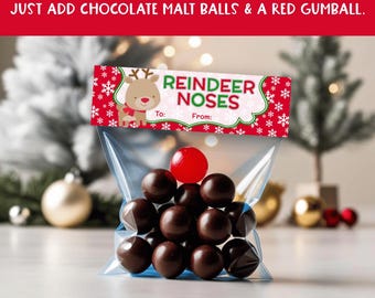 Reindeer Noses Christmas Treat Bag Toppers, Christmas Friend Gift for Kids