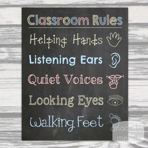 May include: Blackboard classroom rules poster with colorful text and illustrations. The rules are: Helping Hands, Listening Ears, Quiet Voices, Looking Eyes, and Walking Feet.