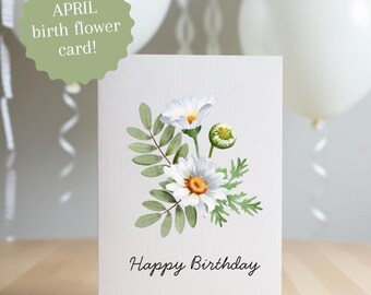 Biglietto di auguri di compleanno con margherita: fiore di nascita di aprile, biglietto floreale stampabile (PDF)