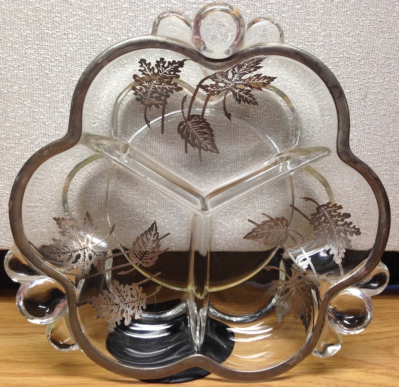 Vintage 3 Section Glass Relish Dish Beautiful Silver Inlay and