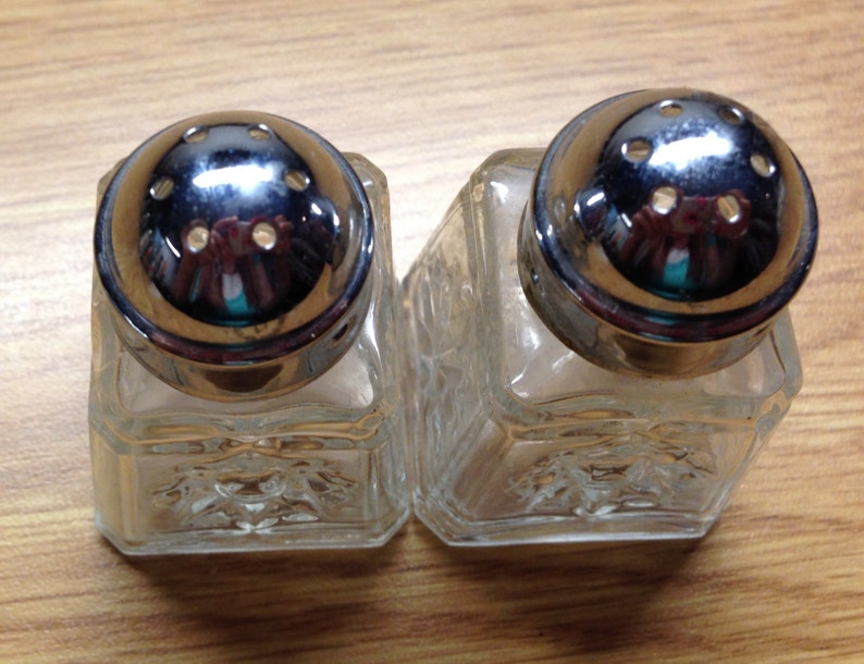 Vintage Mini Cut Glass Salt & Pepper Shakers Etched Flowers Round