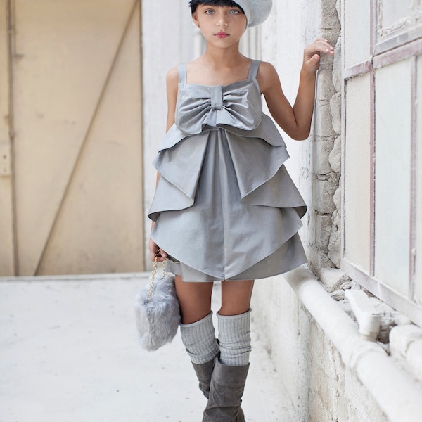 Girl Party Dress , Silver Bow Dress , Special Occasion Dress