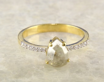 Natural Rose Cut Diamond Engagement Ring, Pear Shape Salt & Pepper Diamond Ring, 14K Gold, Best Anniversary Gift