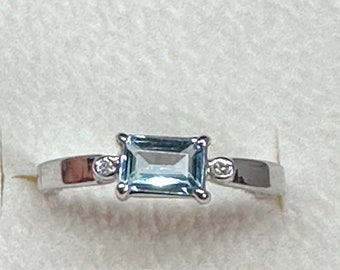 Natural Blue Topaz & Diamond Ring, Baguette Blue Topaz Diamond Ring, 925 Silver Diamond Ring, Anniversary Gift