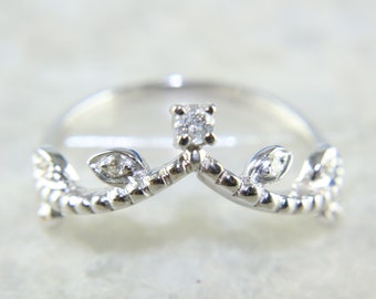 Leaf Diamond Engagement Ring, Nature Inspired Ring, 10K White Gold, Mothers Day Gift
