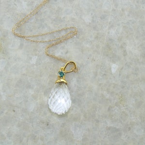 Natural Crystal Briolette Diamond Pendant, Checker Cut Crystal Briolette & Blue Diamond Pendant, 14K Yellow Gold