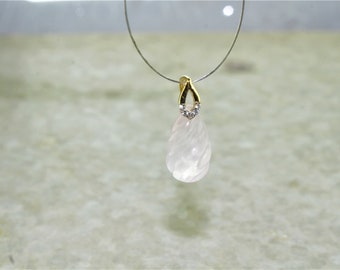 Natural Rose Quartz Briolette Diamond Pendant, Rose Quartz Necklace, Diamond Briolette Pendant, 18K Solid Gold, 5.00 Cts Rose Quartz Pendant