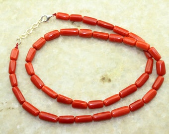 Natural Red Coral Necklace, Red Coral Pipe Beads Necklace 18 Inches Long Necklace Silver Clasp, Coral Gemstone Beads Necklace